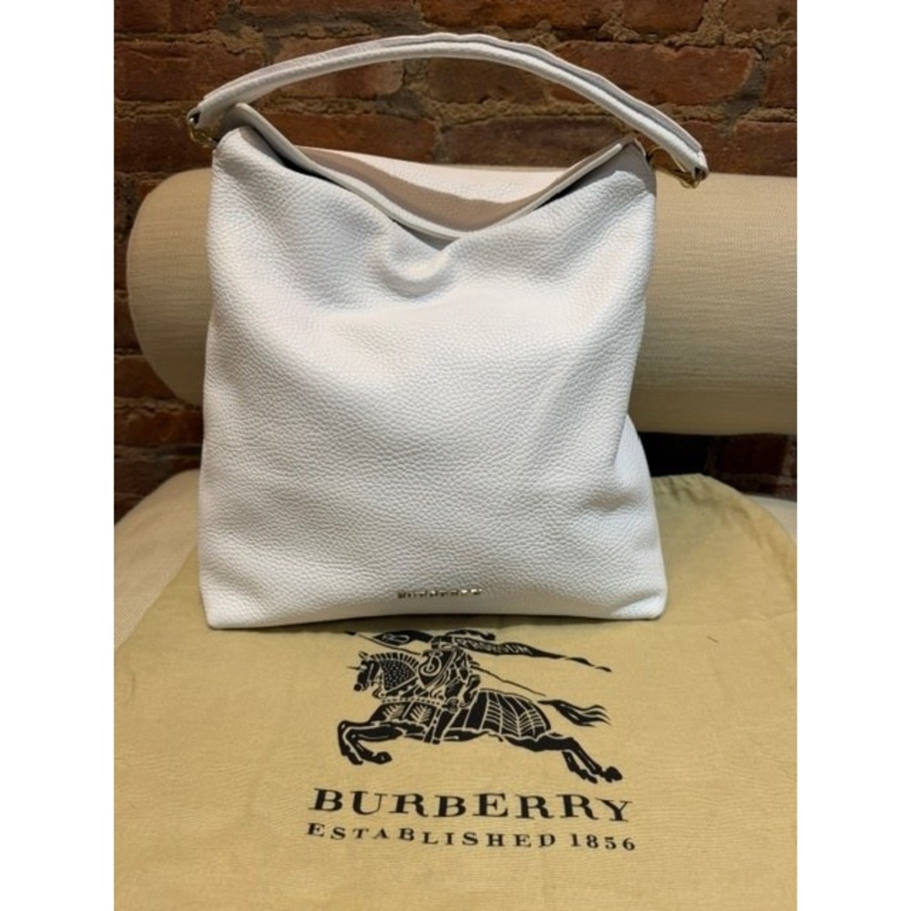 Authentic Burberry London White Grainy Leather Medium Cale Hobo Bag